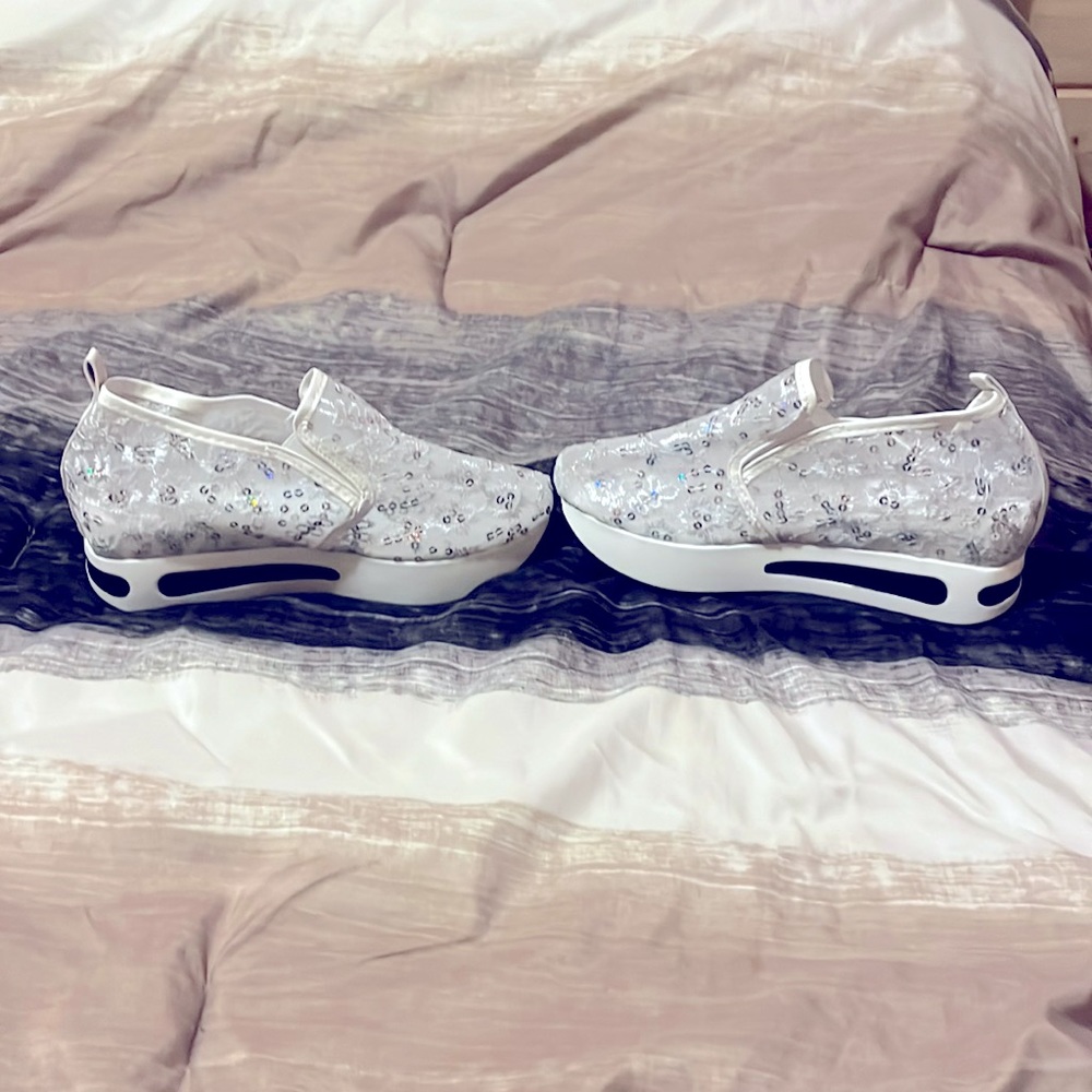 White lace slip on shoes